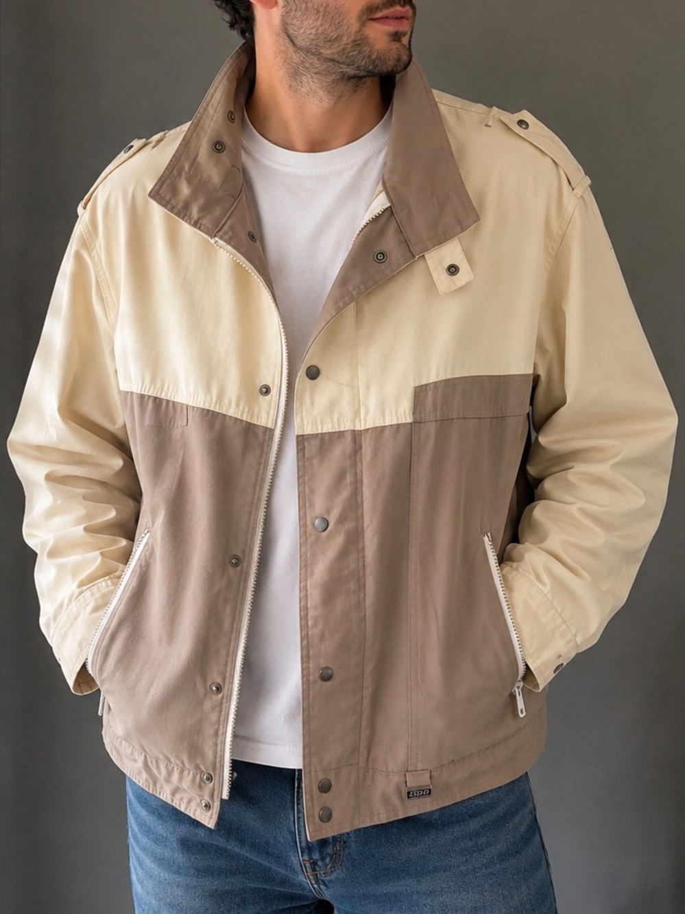 Vintage ISPO International Men’s Colorblock Field Jacket L Cream Taupe